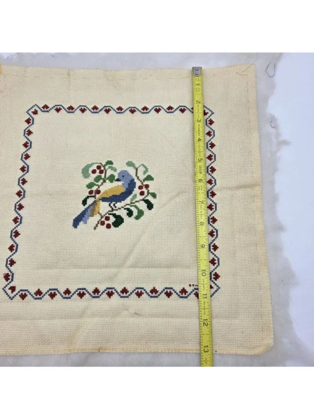 Vintage Folk Art Needlepoint Bird Pillow Top ONLY 12x12 Bluebird Floral Cottage